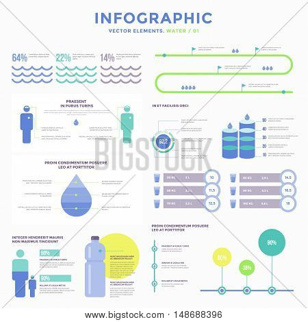 Collection infographic vector elements. Water in human life. Use in website, flyer, corporate report, presentation, advertising, marketing etc.