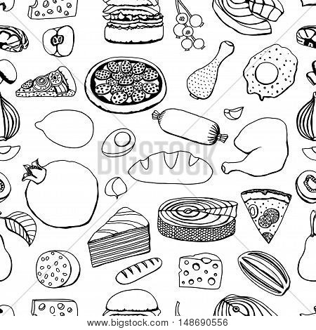 Seamless Monochrome vector hand drawn food cartoon background
