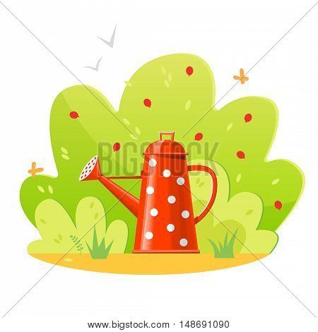 Beautiful garden with shrubs and watering can. Vector illustration EPS10