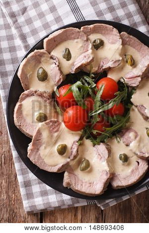 Italian Beef With Tuna Sauce Close-up. Vertical Top View