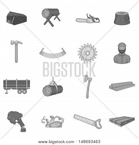 Timber industry icons set in black monochrome style. Lumberjack equipment set collection vector illustration
