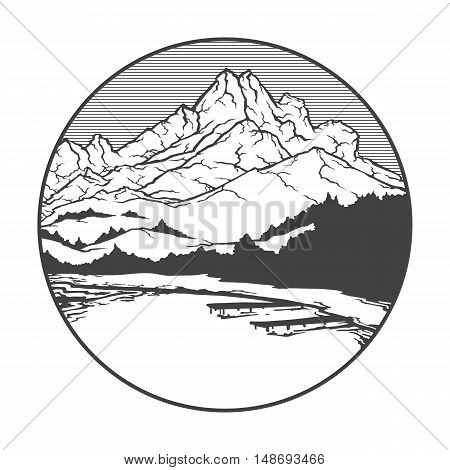 Vector image of a volcano Pelee on the background of nature and sky.round black white icon thumbnail