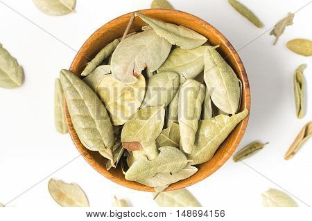 Brazilian Boldo Leaves into a bowl isolated in white background
