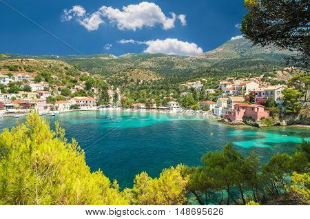 Assos on the Island of Kefalonia in Greece. View of beautiful bay of Assos village, Kefalonia island, Greece