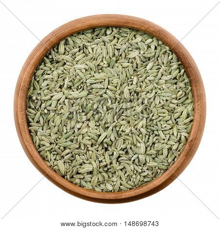 Fennel seeds in a wooden bowl on white background. Dried fruits of Foeniculum vulgare, an aromatic and flavorful herb with culinary and medicinal uses. Isolated macro photo close up from above.