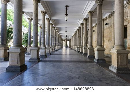 Mill colonnade (Mlynska kolonada) in Karlovy Vary spa houses various hot springs, Czech Republic