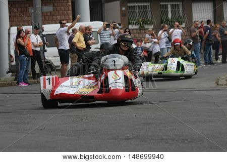 BELGRADE,SERBIA - SEPTEMBER 10, 2016: Oldtimer sidecar motorcycles at the commercial race of old cars in memory of formula 1 race held on the same place in 1939 two days after the beginning of Second World War when the famous Italian driver Tazio Nuvolari