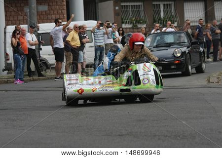 BELGRADE,SERBIA - SEPTEMBER 10, 2016: Oldtimer sidecar motorcycle at the commercial race of old cars in memory of formula 1 race held on the same place in 1939 two days after the beginning of Second World War when the famous Italian driver Tazio Nuvolari 
