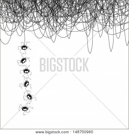 Illustration.The six little spiders to cling to the foot, hang on the spiderweb.