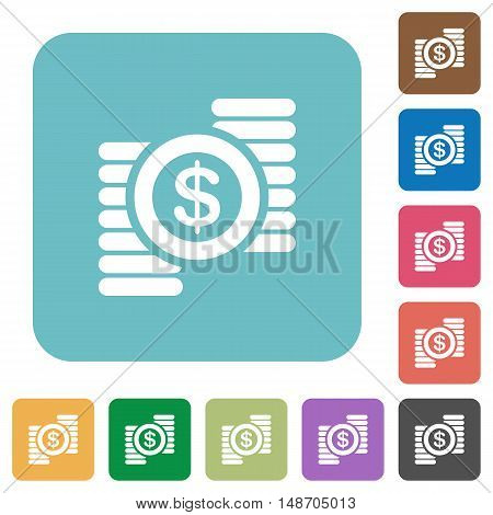 Flat Dollar coins icons on rounded square color backgrounds.