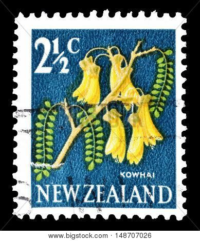 NEW ZEALAND - CIRCA 1967 : Cancelled postage stamp printed by New Zealand, that shows Kowhai flower.