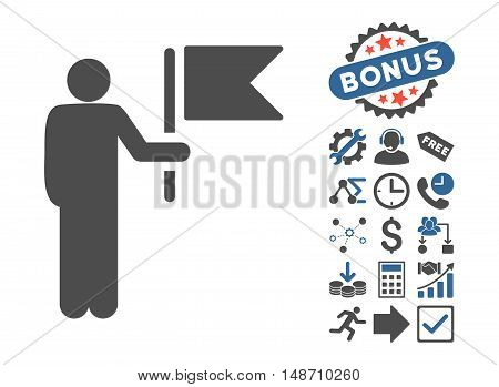 Commander With Flag icon with bonus clip art. Vector illustration style is flat iconic bicolor symbols, cobalt and gray colors, white background.