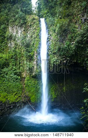 The La Fortuna waterfall emerges from dense jungle greenery. Costa Rica.