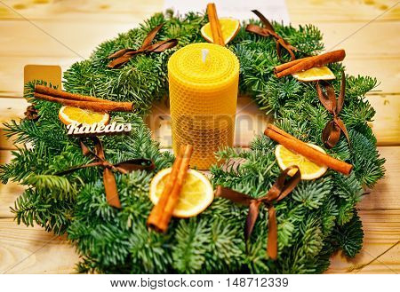 Festive Wreath With The Candle At Vilnius Christmas Market
