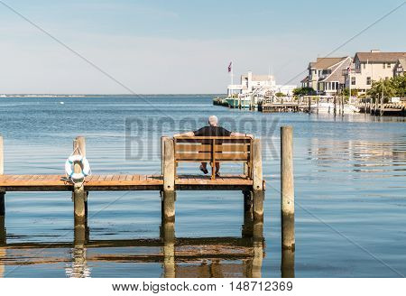 Man seated on bench on the dock looking out into Little Egg Harbor