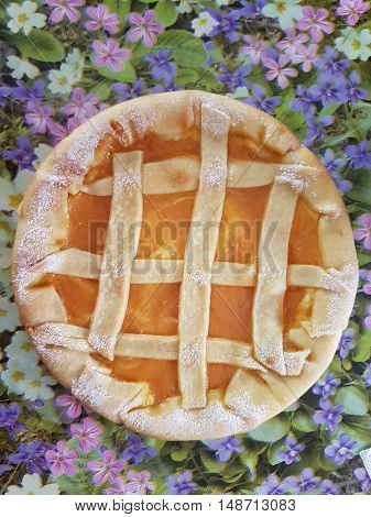tart with peach jam, typical Italian sweet rich in calories