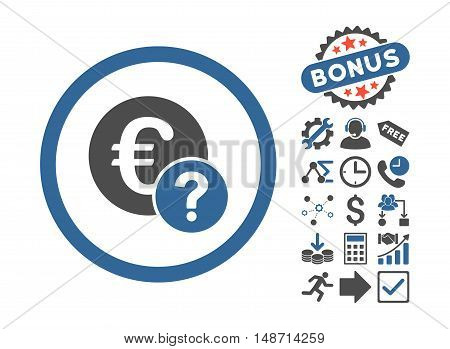 Euro Status pictograph with bonus symbols. Vector illustration style is flat iconic bicolor symbols, cobalt and gray colors, white background.