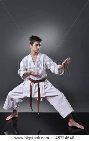 Handsome Young Male Karate Doing Kata On The Gray Background