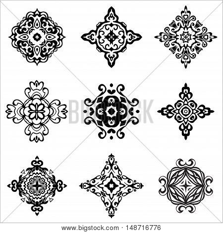 set of vector graphic abstract damask ornamental designs. Luxury royal ikat pattern. Vintage design ornamental tiles. Damask Black Vector Pattern  Elegant floral abstract elements