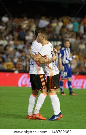 VALENCIA, SPAIN - SEPTEMBER 22nd: Munir (L) and Gaya (R) during Spanish soccer league match between Valencia CF and Deportivo Alaves at Mestalla Stadium on September 22, 2016 in Valencia, Spain