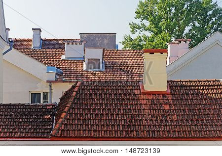 Tiled roofs of houses in Trinity Suburb old part of Minsk Belarus