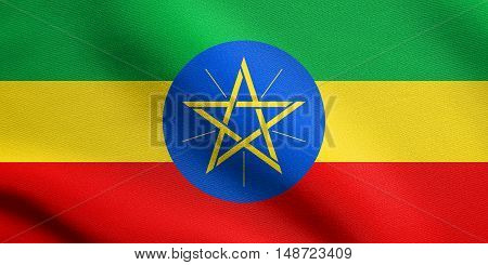 Ethiopian national official flag. African patriotic symbol banner element background. Flag of Ethiopia waving in the wind with detailed fabric texture, illustration