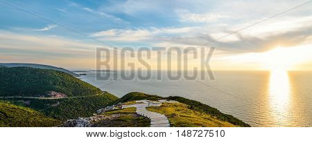 Panorama of Skyline Trail look-off at sunset (French Mountain Cape Breton Nova Scotia Canada)