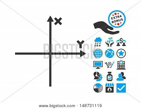 Cartesian Axes pictograph with bonus symbols. Vector illustration style is flat iconic bicolor symbols, blue and gray colors, white background.
