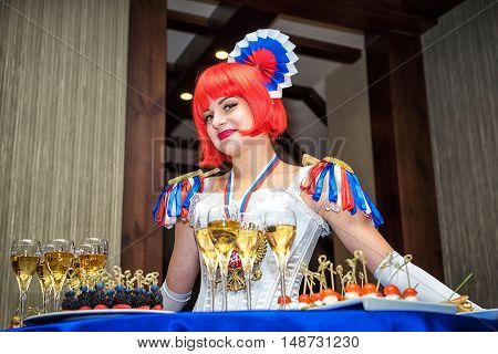 Moscow, Russia - September 18, 2016: Charming Lady Buffet, Who Dress Is Stylized Russian National Co