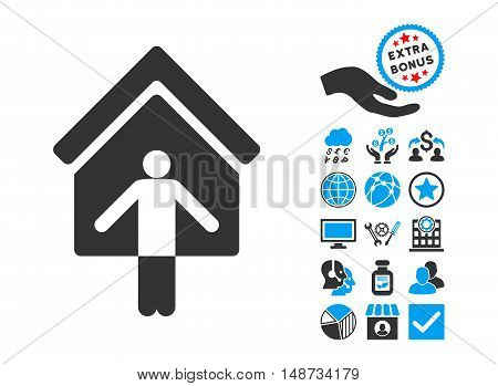 House Owner Wellcome icon with bonus images. Vector illustration style is flat iconic bicolor symbols, blue and gray colors, white background.
