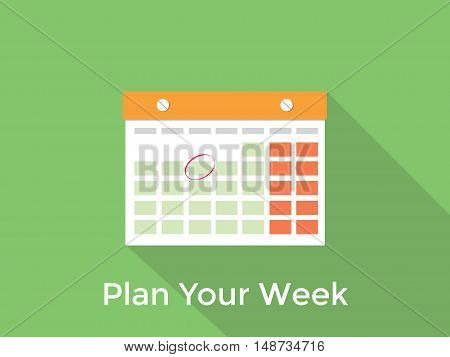 plan your week concept with a calendar and long shadow green background vector graphic illustration