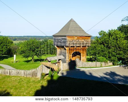 Old wooden watchtower in village Subotiv Ukraine