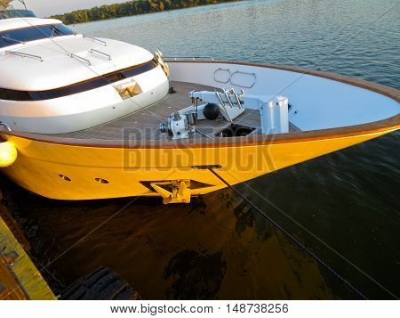 Modern river yacht moored on a river Dnieper
