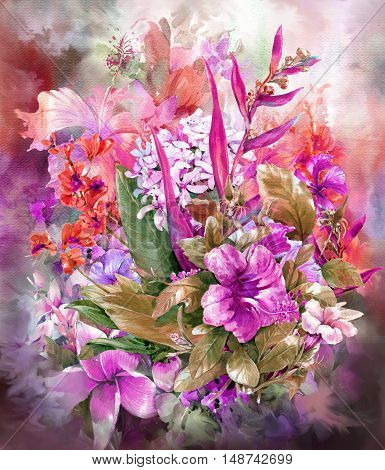 Bouquet of multicolored flowers watercolor painting style