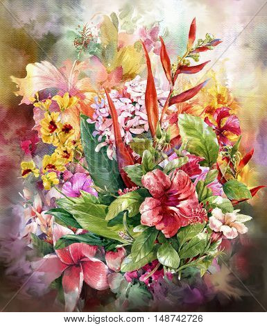 Bouquet of multicolored flowers watercolor painting style