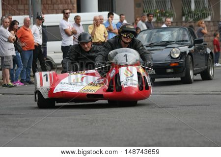 BELGRADE,SERBIA - SEPTEMBER 10, 2016: Oldtimer sidecar motorcycle at the commercial race of old cars in memory of formula 1 race held on the same place in 1939 two days after the beginning of Second World War when the famous Italian driver Tazio Nuvolari 