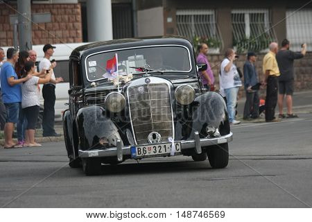 BELGRADE,SERBIA - SEPTEMBER 10, 2016: Oldtimer Mercedes-Benz at the commercial race of old cars in memory of formula 1 race held on the same place in 1939 two days after the beginning of Second World War when the famous Italian driver Tazio Nuvolari won