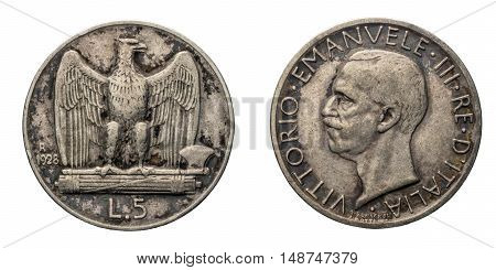 five 5 Lire silver Coin 1928, fascism age, fascist eagle arms on back and Vittorio Emanuele III Kingdom of Italy on front, Mint of rome, black patina