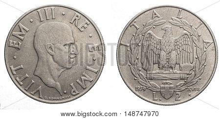 two 2 Lire acmonital Coin 1939 XVIII, fascism age, fascist eagle arms on back and Vittorio Emanuele III Kingdom of Italy on front, Mint of rome