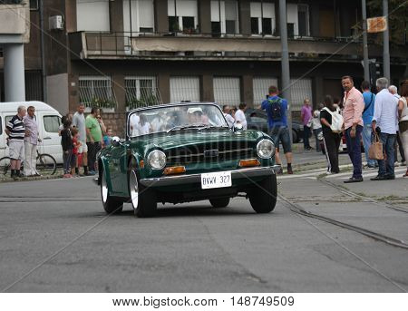 BELGRADE,SERBIA - SEPTEMBER 10, 2016: Old Triumph TR6 at the commercial race of old cars in memory of formula 1 race held on the same place in 1939 two days after the beginning of Second World War when the famous Italian driver Tazio Nuvolari won