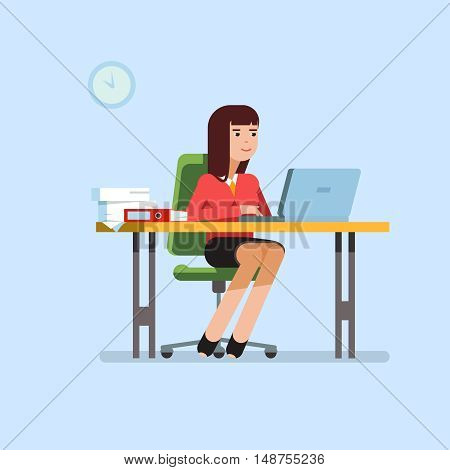 Vector flat illustration business woman sitting at her office desk and working at his laptop. Secretary at work on blue background