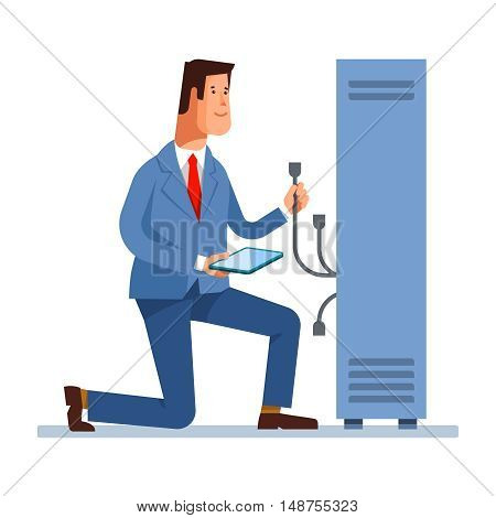 Vector flat illustration of network engineer administrator working with hardware equipment of data center. Admin and server rack networking service isolated background