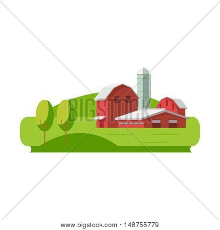 Vector illustration concept eco farming icon. Farm buildings and green fields on white background