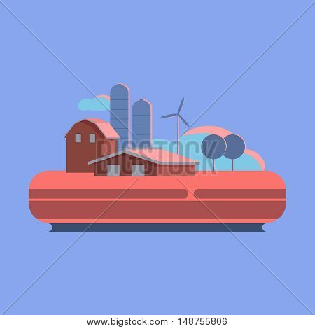 Vector illustration concept eco farming icon. Farm buildings and green fields evening on blue background