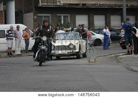 BELGRADE,SERBIA - SEPTEMBER 10, 2016: Oldtimer motorcycle at the commercial race of old cars in memory of formula 1 race held on the same place in 1939 two days after the beginning of Second World War when the famous Italian driver Tazio Nuvolari won