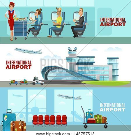 International airport horizontal banners  with waiting room interior and stewardesses and passengers in aircraft cabin flat vector illustration