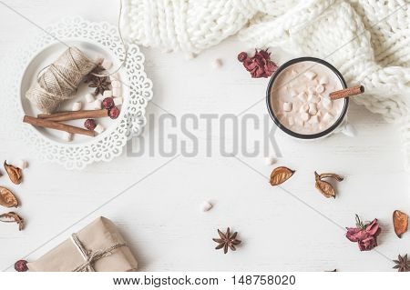 Autumn. Hot chocolate knitted blanket gift dried flowers and autumn leaves. Flat lay top view