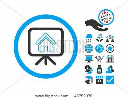 Project Slideshow icon with bonus design elements. Glyph illustration style is flat iconic bicolor symbols, blue and gray colors, white background.