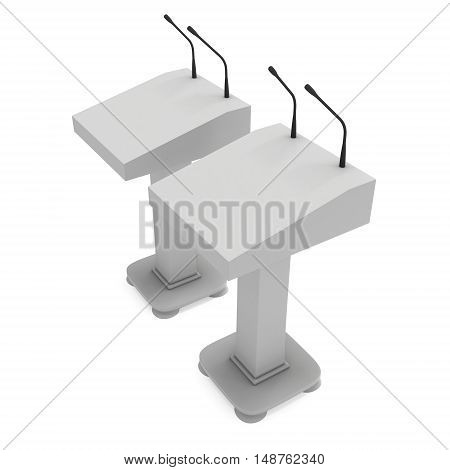Two 3d Speaker Podiums. White Tribune Rostrum Floor Stands with Microphones. 3d render isolated on white background. Debate press conference concept