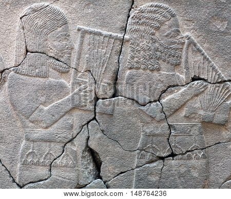 Ancient stone bas-relief with musicians late Hittite period (Aramaean 8th Cent. B.C.).